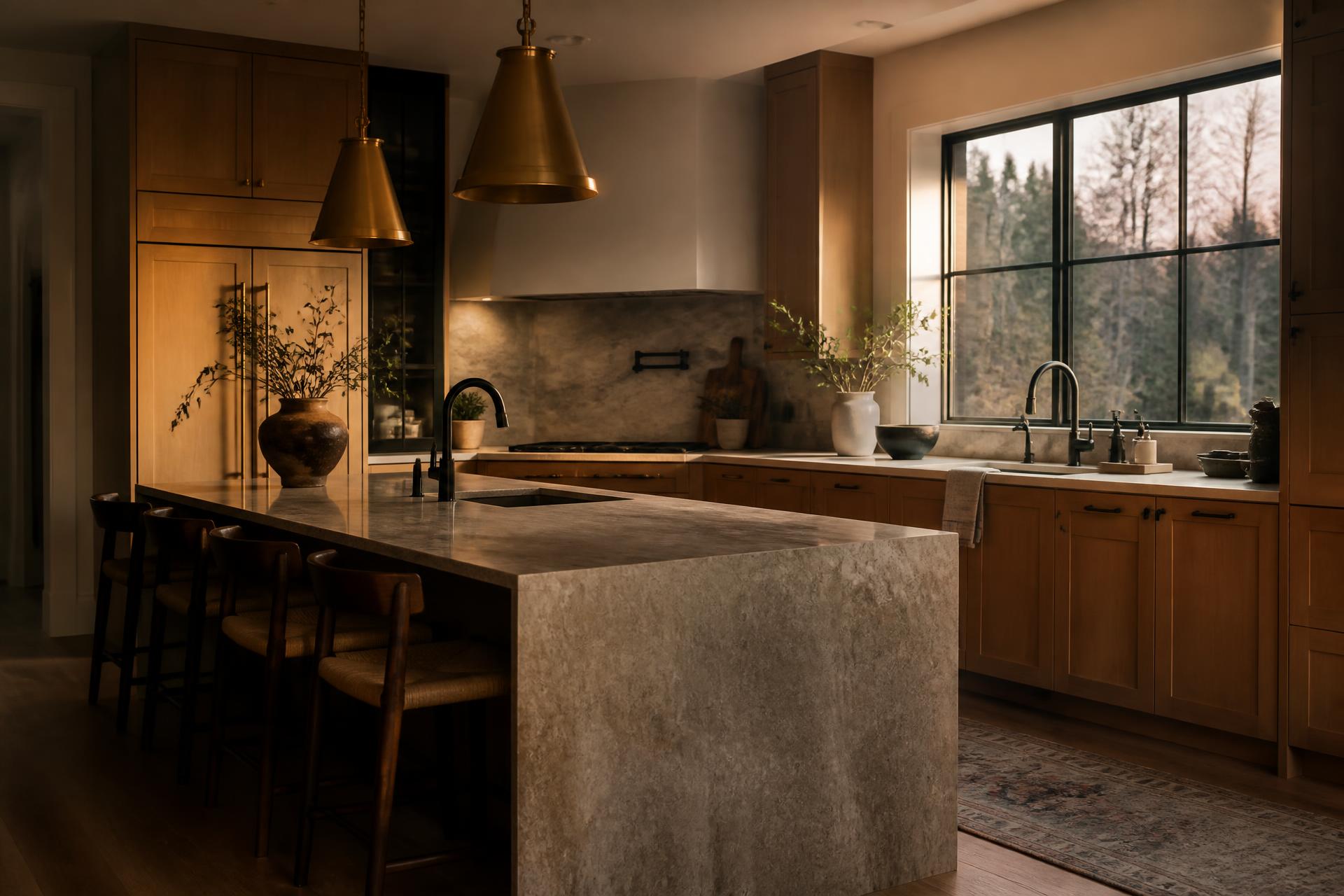 Remodeled kitchen with warm oak cabinetry and stone island at dusk