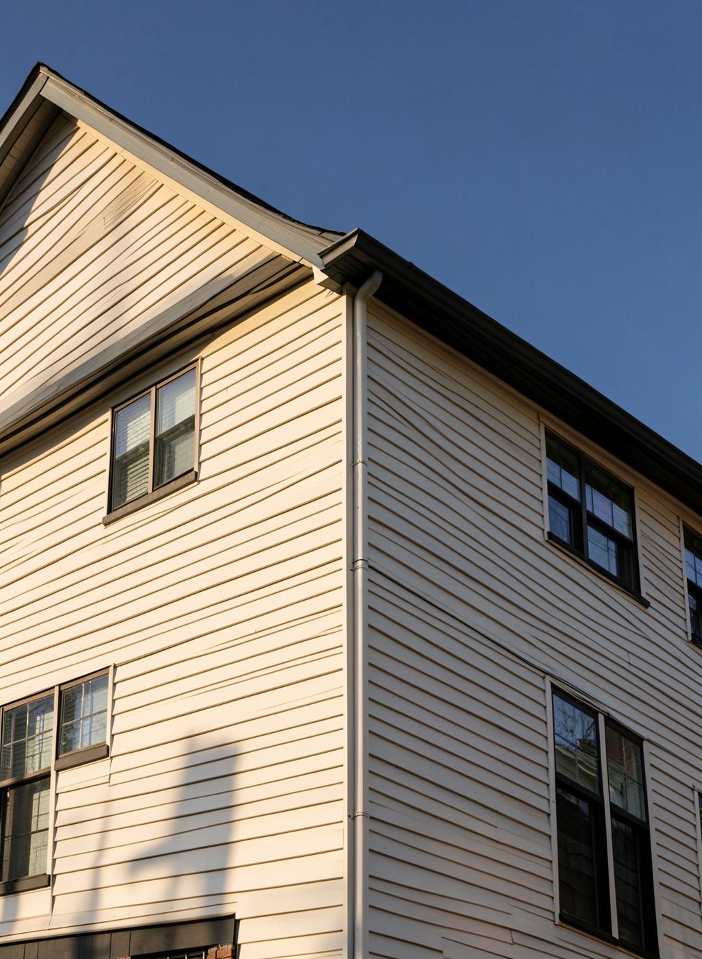 Corner of a Triangle-area home showing roofline, siding and windows in late light