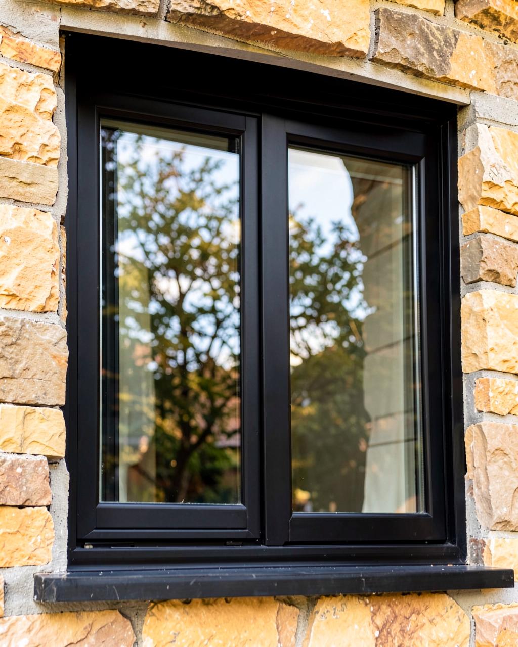 Black-framed casement window set in stone