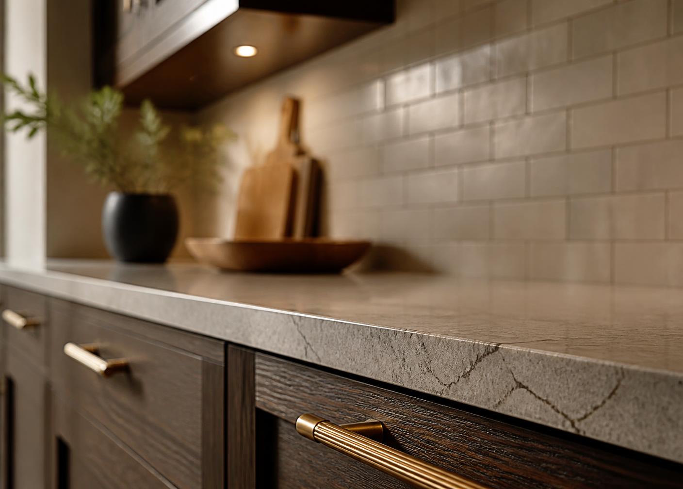 Stone countertop and cabinetry detail in a remodeled kitchen